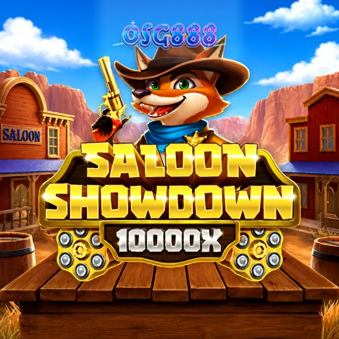 Tampilan visual slot Saloon Showdown 10,000x dengan tema koboi yang mendalam
